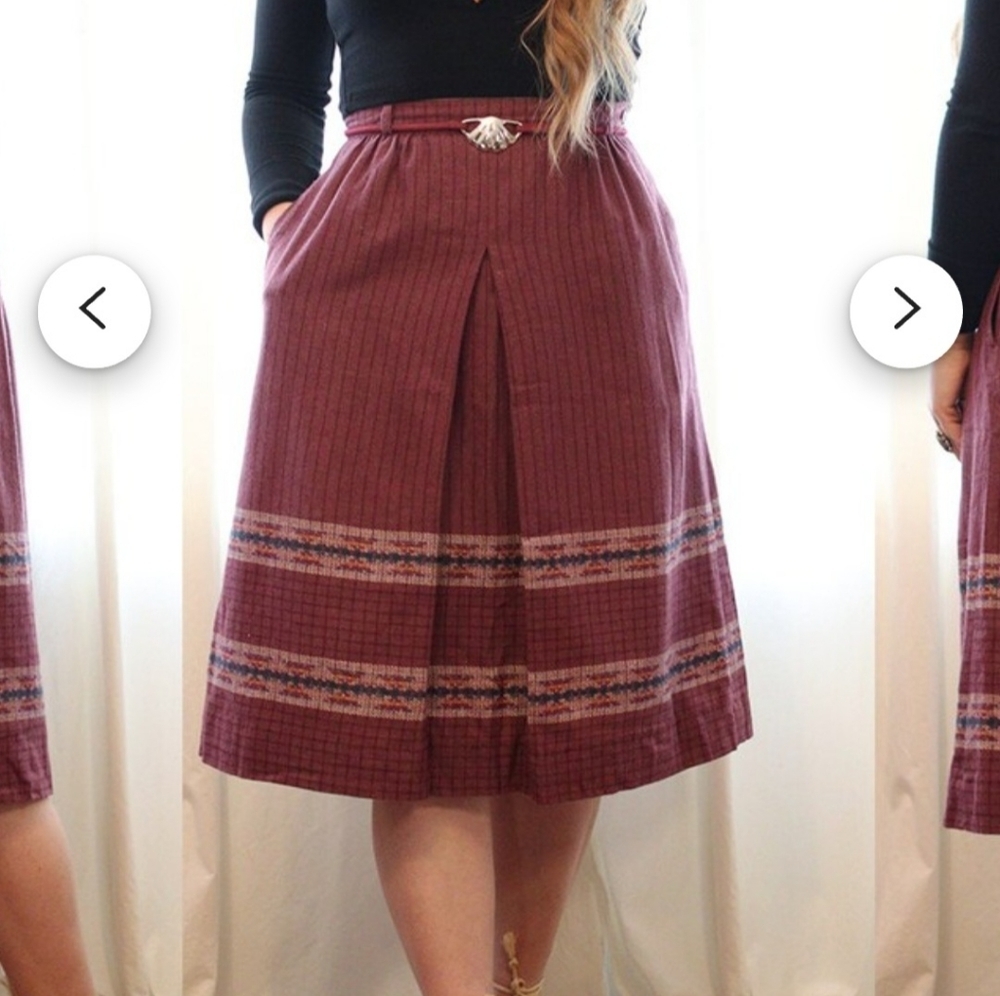 Vintage 1970s 1980s wool blend mauve pink purple stripe high waisted skirt